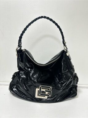 Vintage Y2K Guess Patent Leather Logo Hobo Shoulder Bag Black Braided Strap